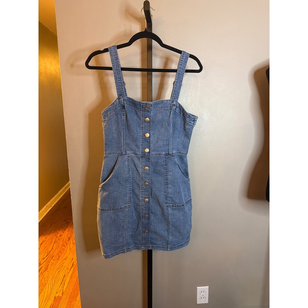 HM Divided Denim Pinafore Dress Womens 8 Blue Button Front Overall Mini Dress